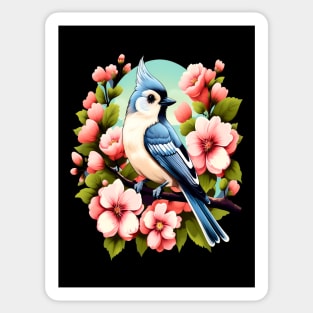 Cute Tufted Titmouse Surrounded by Vibrant Spring Flowers Sticker